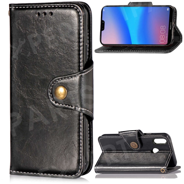 

For Huawei P20 Lite/Nova 3e (China) Business Style Retro Leather Wallet Stand Case with Strap - Black, Huawei P20 Lite (2018)