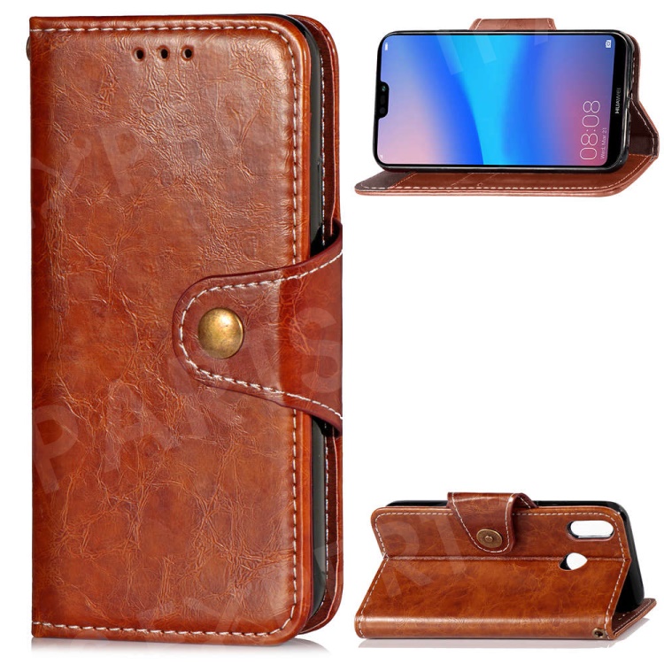 

For Huawei P20 Lite/Nova 3e (China) Business Style Vintage Leather Wallet Stand Folio Protection Case with Strap - Brown, Huawei P20 Lite (2018)