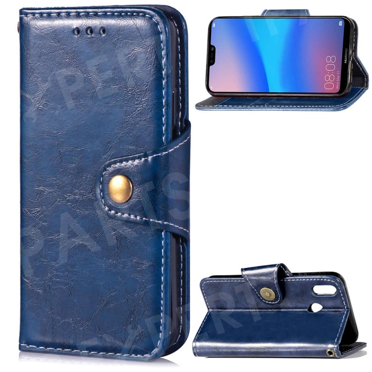 

For Huawei P20 Lite/Nova 3e (China) Business Style Vintage Leather Wallet Cover Shell with Stand - Blue, Huawei P20 Lite (2018)