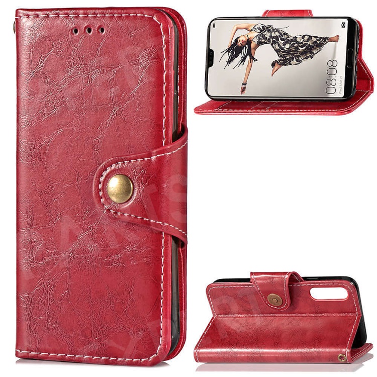 

For Huawei P20 Pro Business Style Vintage Leather Wallet Stand Cover with Strap - Red, Huawei P20 Pro