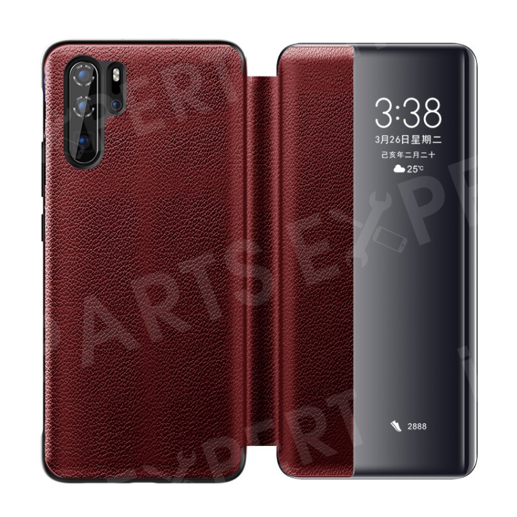 

XOOMZ Litchi Texture Wake/Sleep View Window Genuine Leather Phone Case for Huawei P30 Pro - Wine Red, Huawei P30 Pro