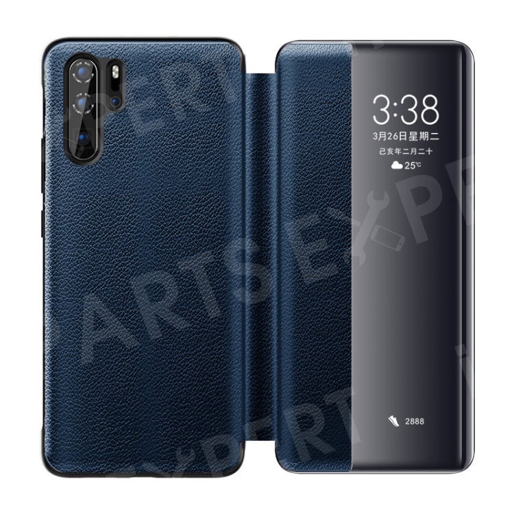 

XOOMZ Litchi Texture Wake/Sleep View Window Genuine Leather Phone Case for Huawei P30 Pro - Dark Blue, Huawei P30 Pro
