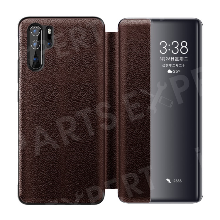 

XOOMZ Litchi Texture Wake/Sleep View Window Genuine Leather Phone Case for Huawei P30 Pro - Coffee, Huawei P30 Pro