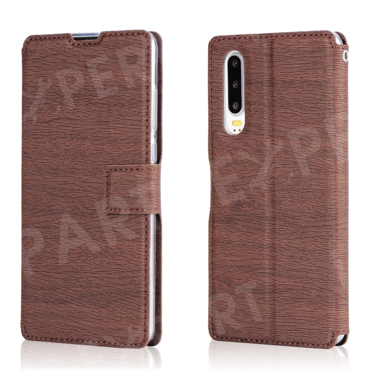 

Wood Grain PU Leather Stand Card Slots TPU Casing with Hang Rope for Huawei P30 - Brown, Huawei P30