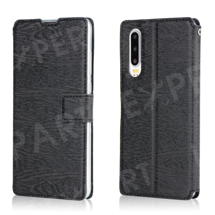 

Wood Grain PU Leather Stand Card Slots TPU Casing with Hang Rope for Huawei P30 - Black, Huawei P30