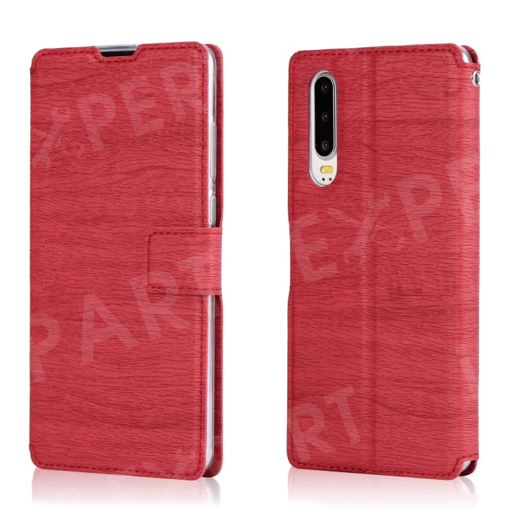 

Wood Grain PU Leather Stand Card Slots TPU Casing with Hang Rope for Huawei P30 - Red, Huawei P30