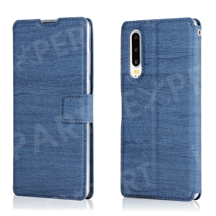 

Wood Grain PU Leather Stand Card Slots TPU Casing with Hang Rope for Huawei P30 - Blue, Huawei P30
