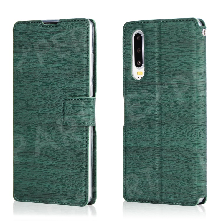 

Wood Grain PU Leather Stand Card Slots TPU Casing with Hang Rope for Huawei P30 - Green, Huawei P30