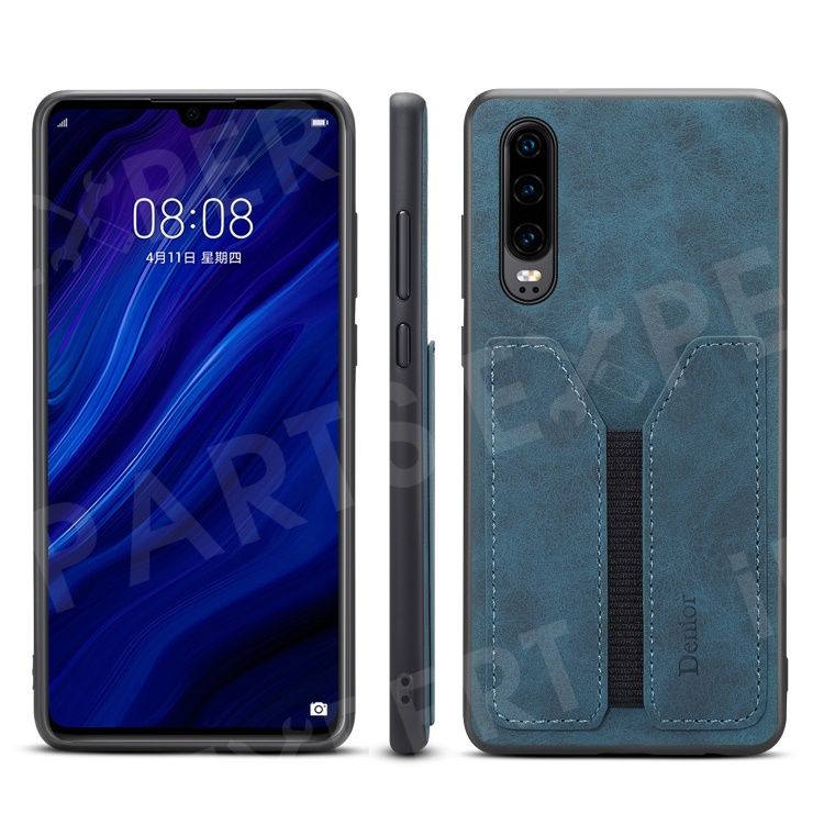 

Card Slot PU Leather Coated TPU Phone Shell for Huawei P30 - Blue, Huawei P30
