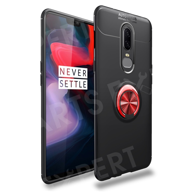 

Finger Ring Kickstand TPU Protective Back Casing for OnePlus 6 (Built-in Magnetic Metal Sheet) - Black / Red, OnePlus 6