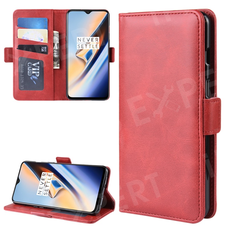 

Dual-clasp Leather Wallet Stand Cover Case for OnePlus 7 - Red, OnePlus 7