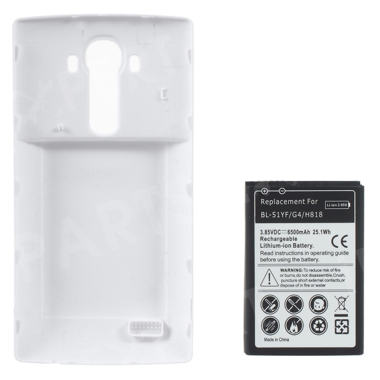 

6500mAh High Capacity Extended Battery + Back Door Cover for LG G4 H818 - White, LG G4