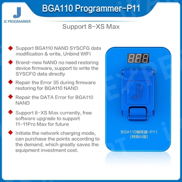 

JC-BGA110 Programmer P11F for iPhone 8 / 8 Plus / X / XR / XS / XS Max NAND Flash, iPhone XS Max 6.5 inch