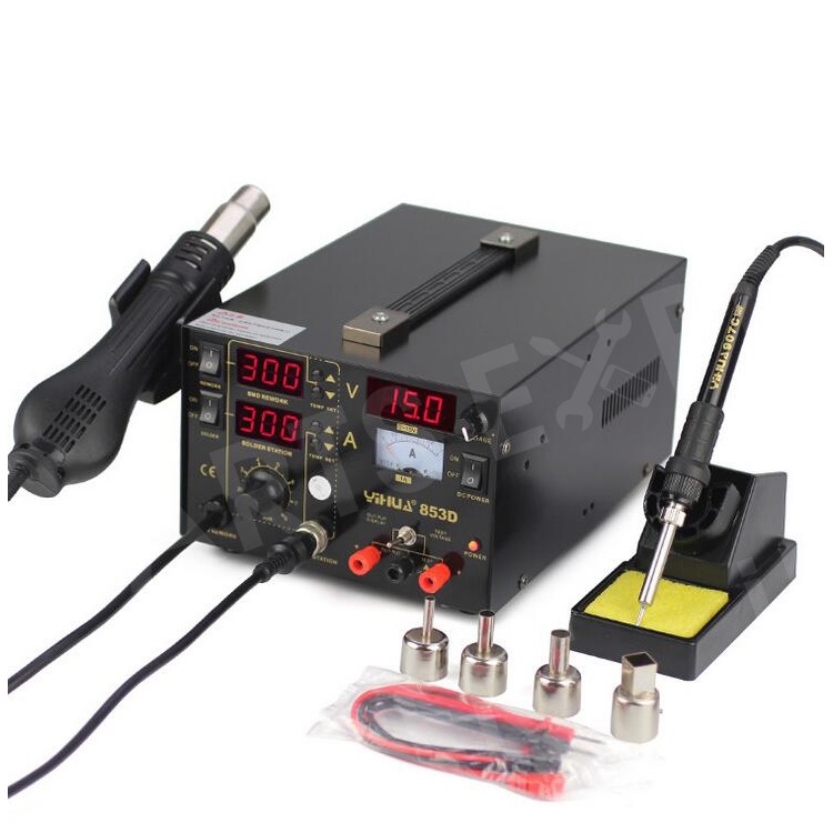 

YIHUA 853D LED Soldering Rework Station + Hot Air Gun + 15V/1A Power Supply 3-in-1 Welding Tool - AC 220V / EU Plug