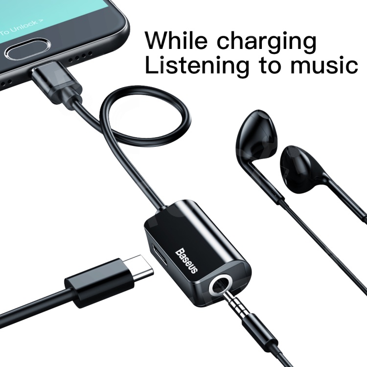 

BASEUS Type C Male to Type C Female + 3.5mm Female Adapter L40 12cm (Support Charging, Listening Music, Phone Calls) - Black, Galaxy S8