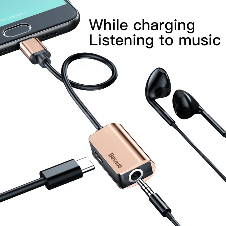 

BASEUS 12cm Type C Male to Type C Female + 3.5mm Female Converter L40 (Support Charging, Listening Music, Phone Calls) - Gold Color, Galaxy S8