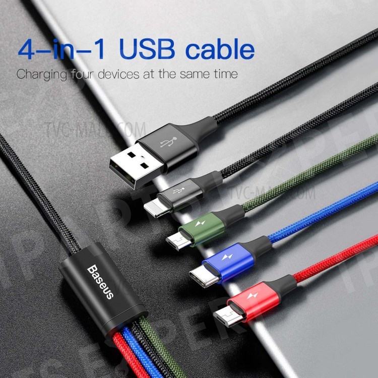 

BASEUS Fast 3.5A 1.2m Lightning 8 Pin + Type C + Dual Micro USB 4-in-1 Data Charge Cable, iPhone X