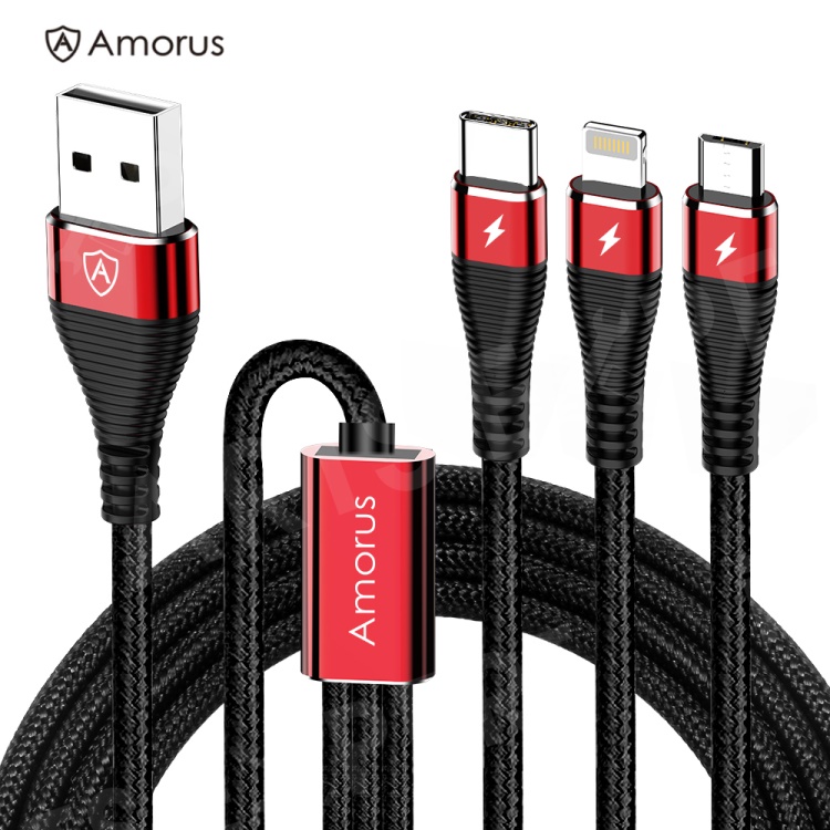 

AMORUS 1.2m 3-in-1 Lightning 8 Pin + Micro USB + Type-C Charge Cable - Black / Red, iPhone XS 5.8 inch