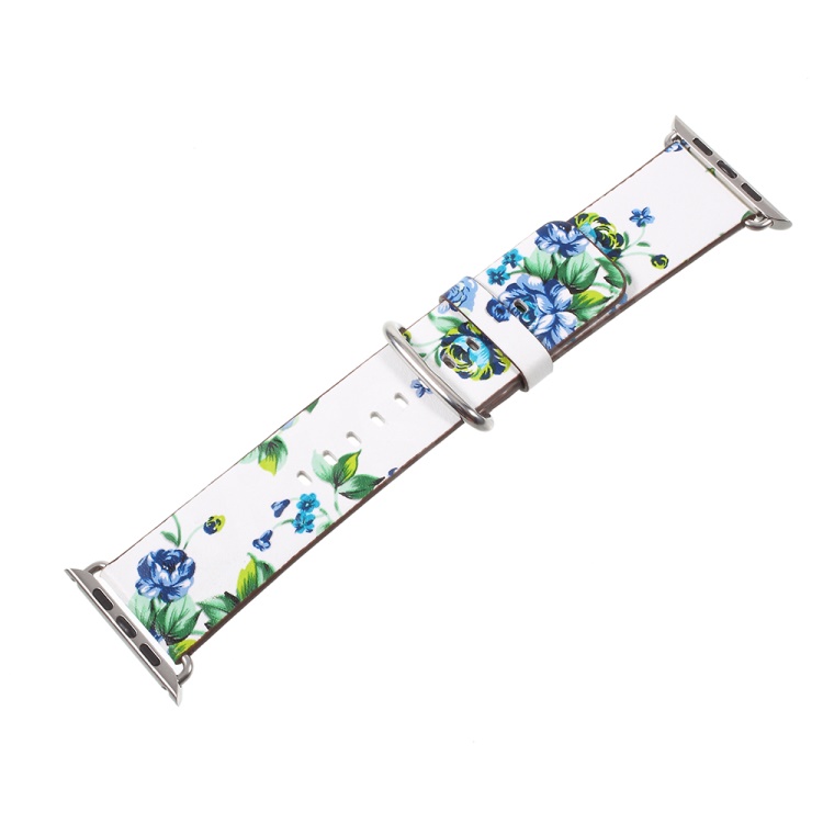 

Flower Pattern PU Leather Watch Strap for Apple Watch Series 5 4 40mm / Series 3 2 1 38mm - White / Blue Peonies, Apple Watch Series 5 40mm