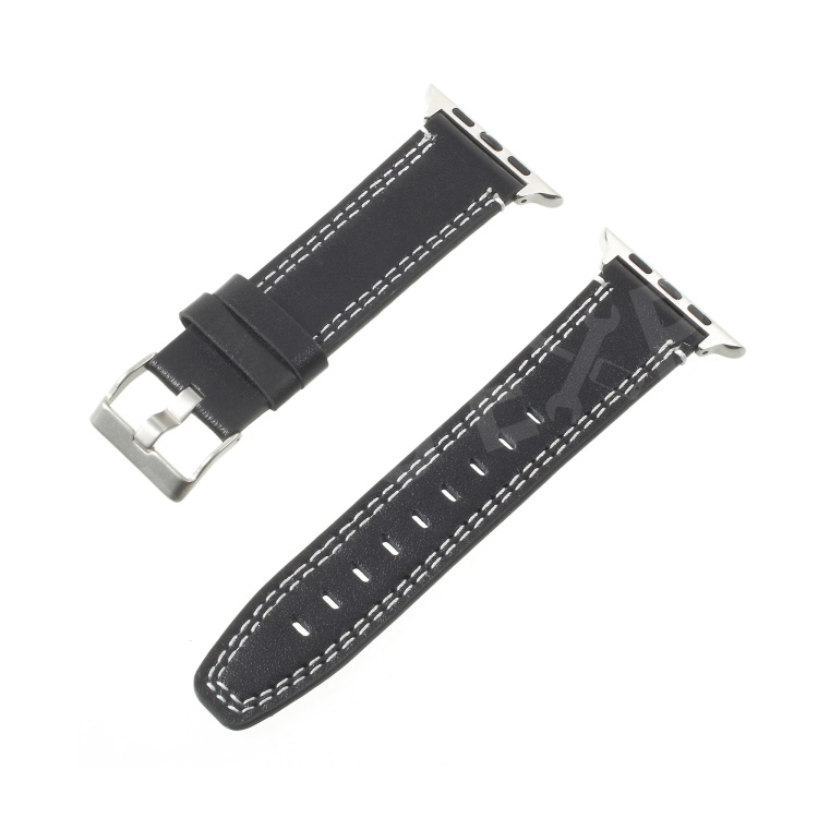 

For Apple Watch Series 5 4 40mm / Series 3 / 2 / 1 38mm Double Stitches Genuine Leather Watch Band Strap - Black, Apple Watch Series 5 40mm