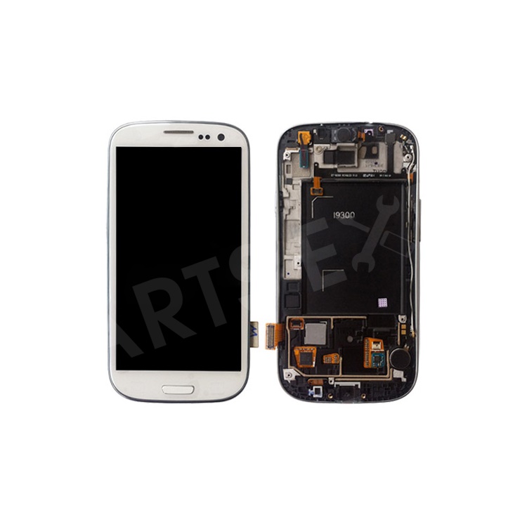 

For Samsung i9300 Galaxy S iii LCD Assembly w/ Touch Screen Digitizer and Other Parts (Frame + Home Button + Earpiece Flex + Sensor Flex + Vibration Motor) OEM - White, Galaxy S III I9300